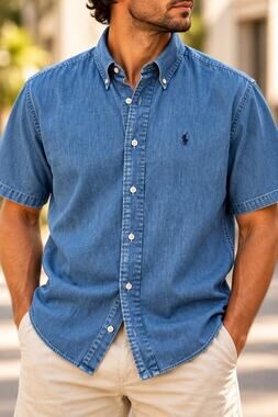 Vintage Polo Ralph Lauren Men’s Size L Blake Denim Short Sleeve Shirt Navy Pony